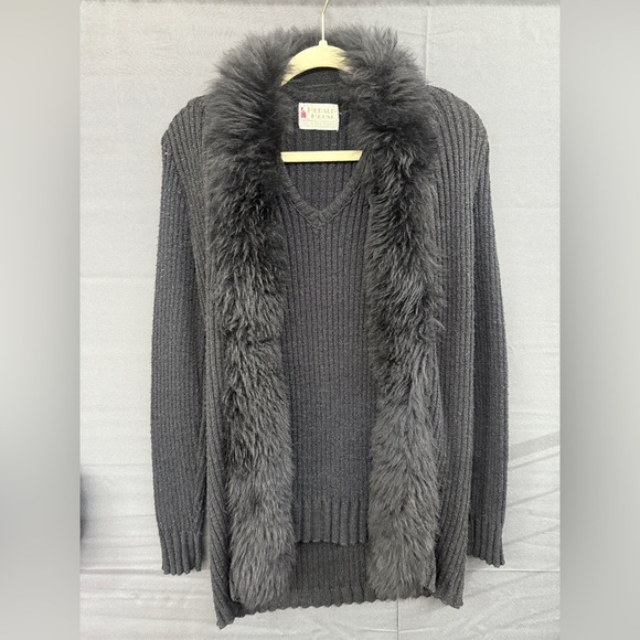 Vintage Herald House Ribbed Sweater Vest Faux Fur Cardigan - Picture 1 of 9